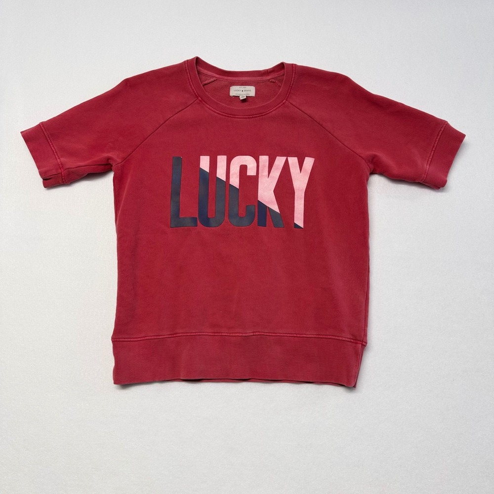 Lucky Brand Short Sleeve Sweatshirt Women S Red Excellent Graphic Raglan Cotton